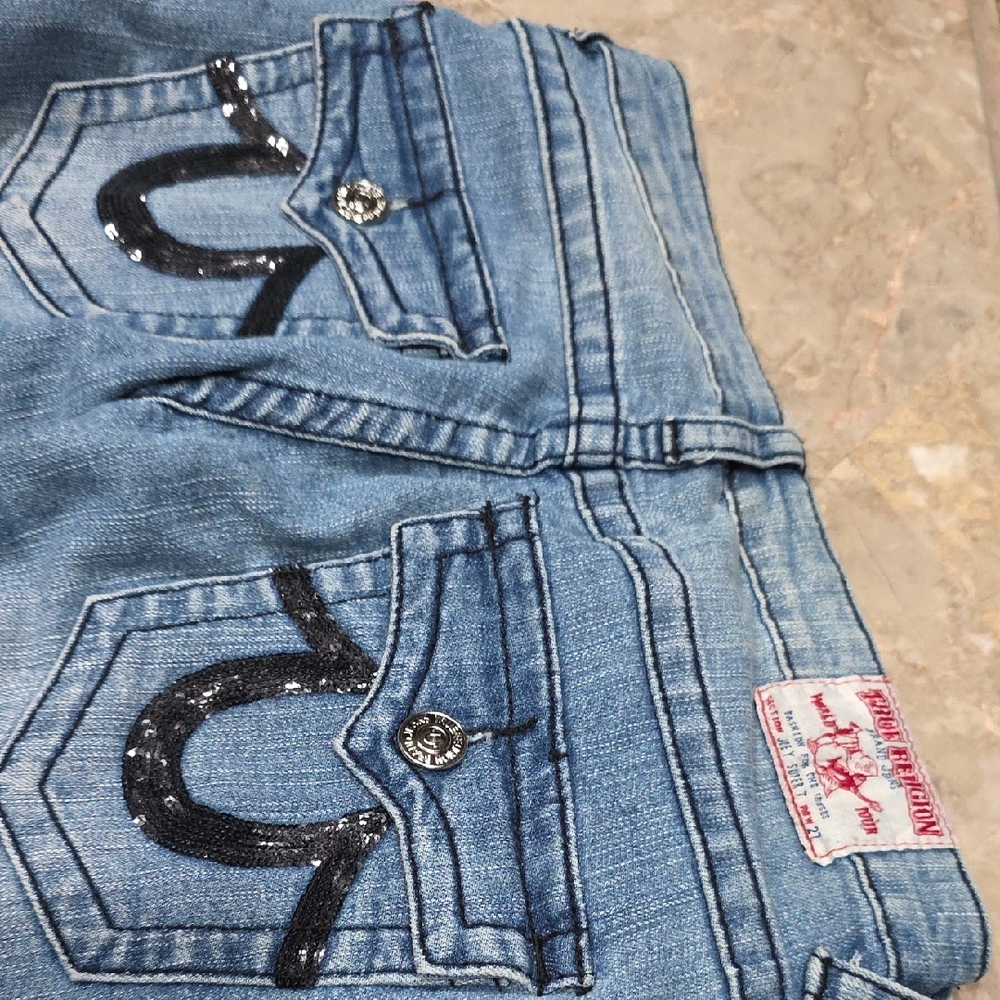 True Religion Women's Light Blue Jeans with Black Stitching